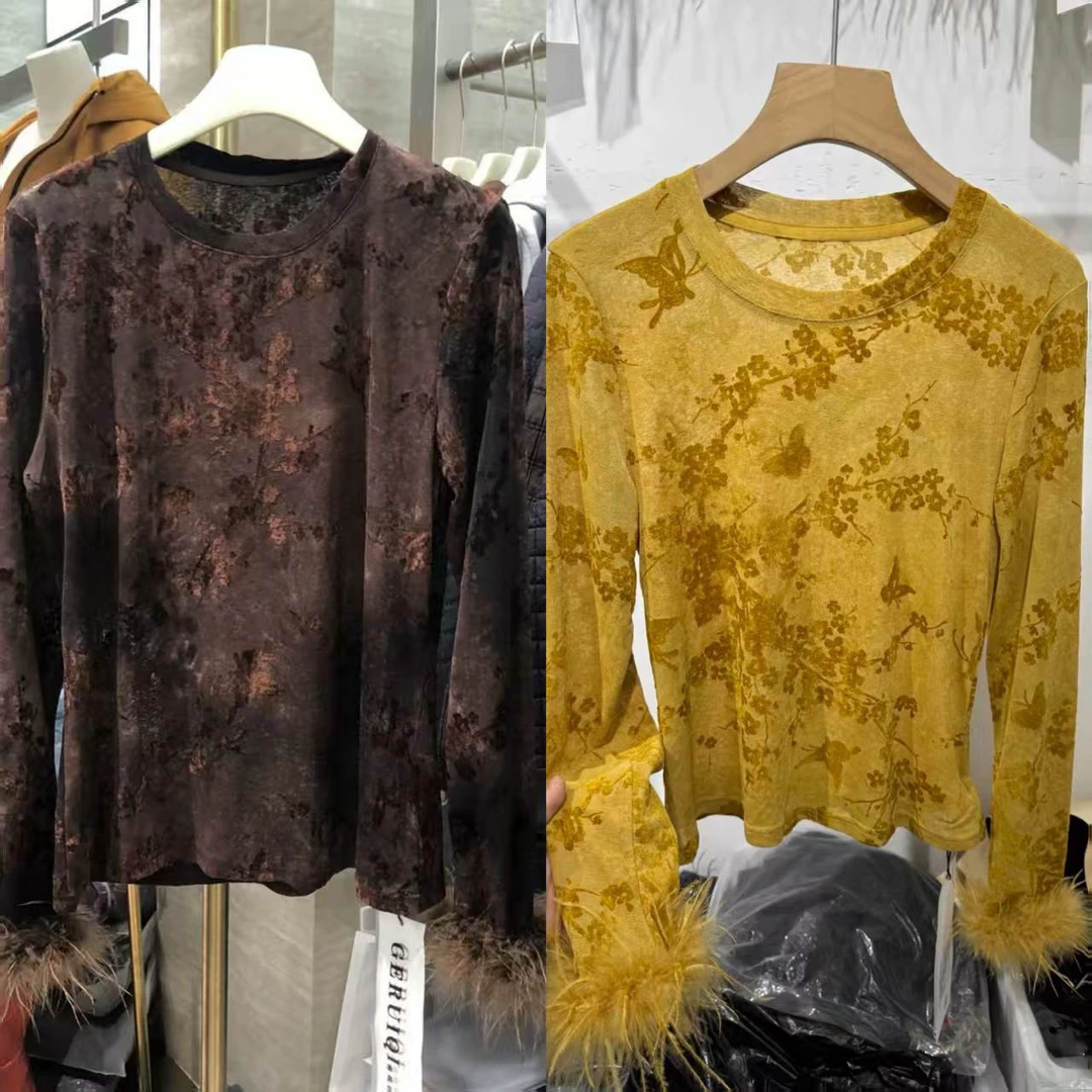 2025大码新款百搭植绒提花圆领可拆卸毛毛袖高级打底杉