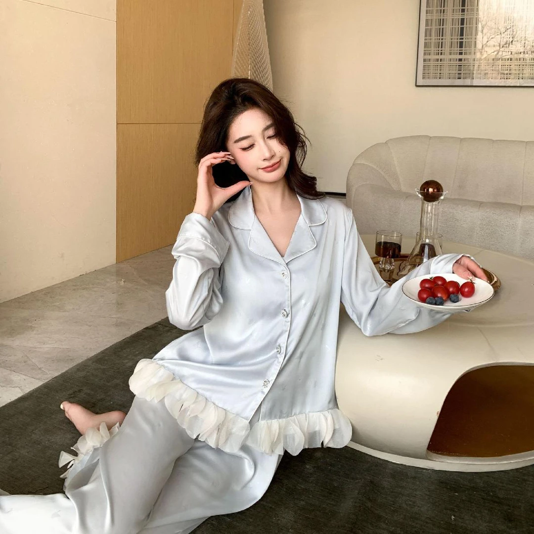 法式睡衣女春秋冰丝薄款2025女士纯欲风性感甜美花边长袖长裤套装