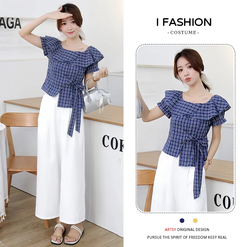 时尚度假风套装女2025夏季新款减龄气质方领系带上衣阔腿裤两件套