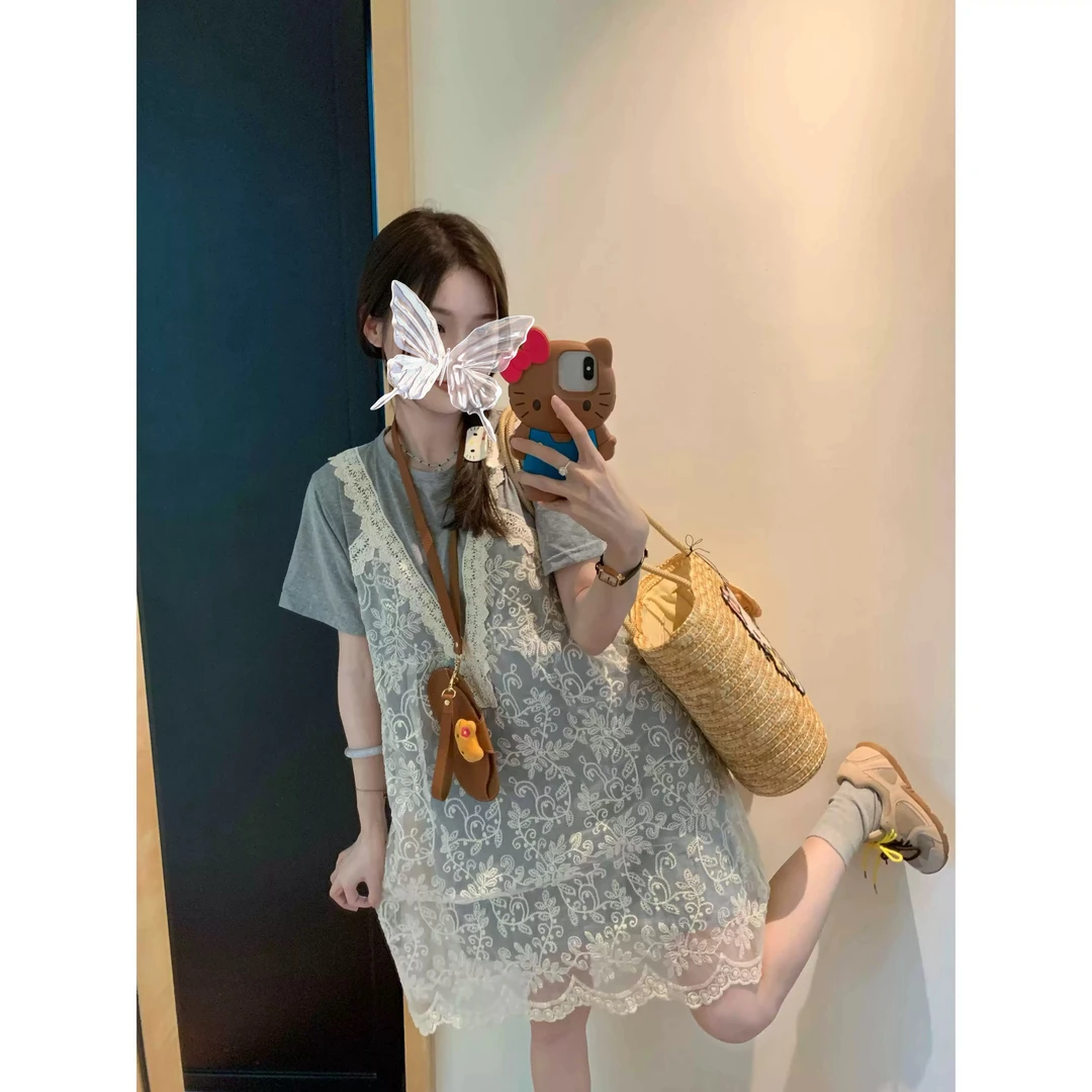 夏装新款韩系甜美蕾丝拼接假两件显瘦中长款连衣裙L995