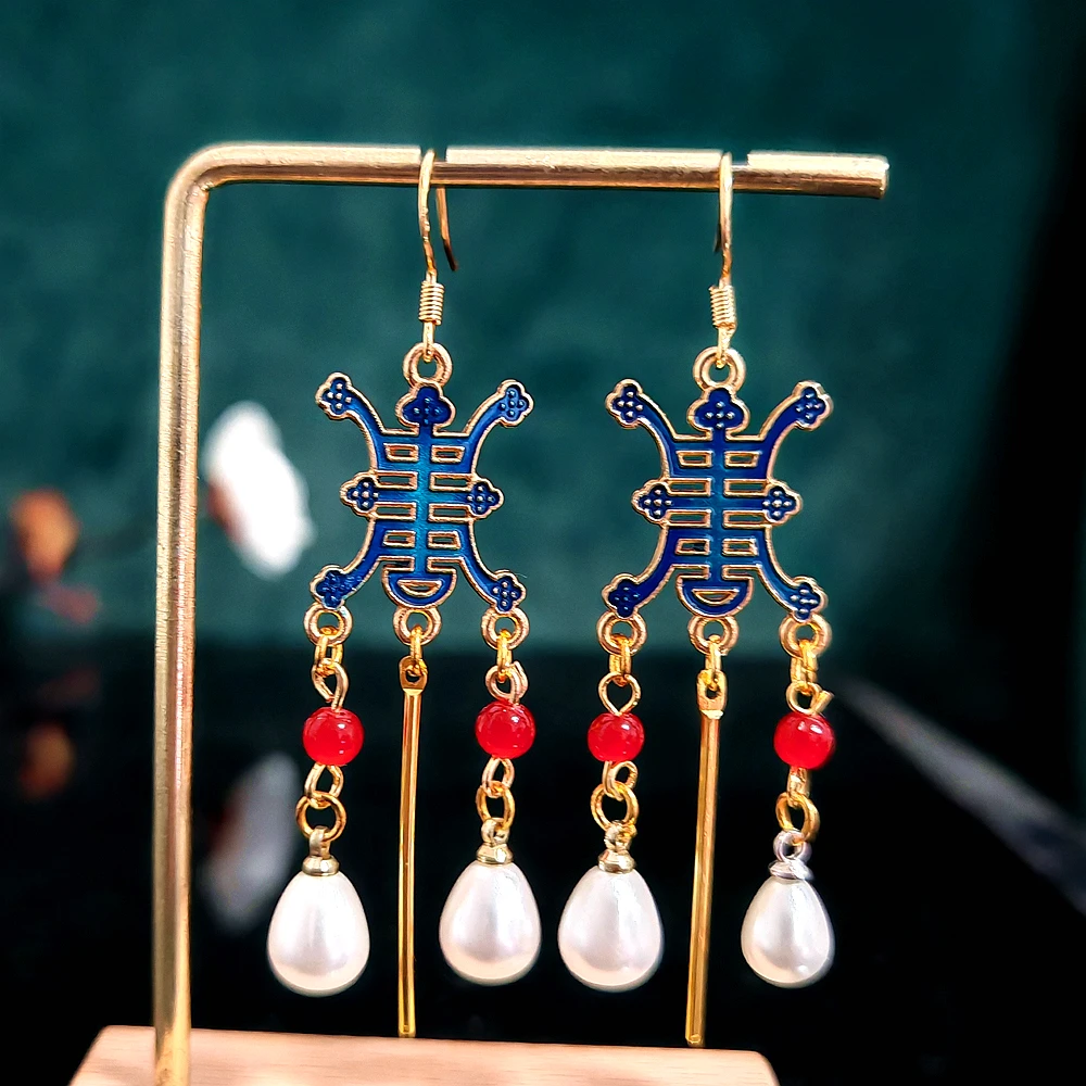 多吉米蓝寿珠韵原创耳环无耳洞耳夹耳饰配汉服