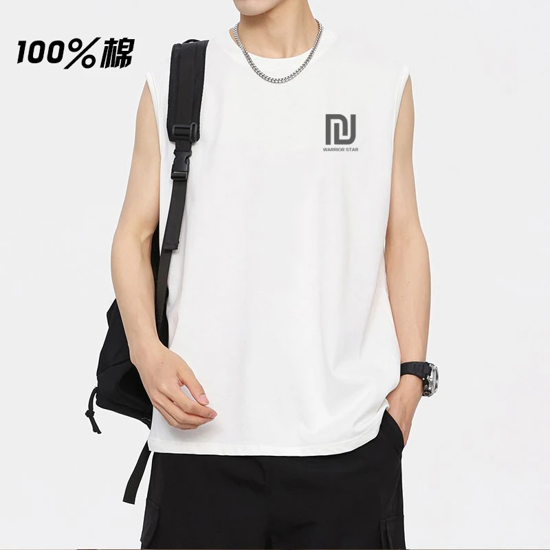 夏季套头时尚潮流纯棉休闲男无袖背心上衣运动健身硬汉-回型小标