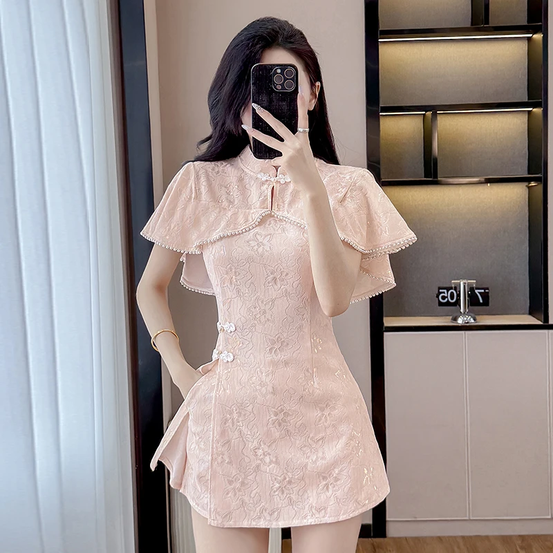 实拍现货夏季新款新中式蕾丝斗篷短款显瘦连衣裙短裤两件套