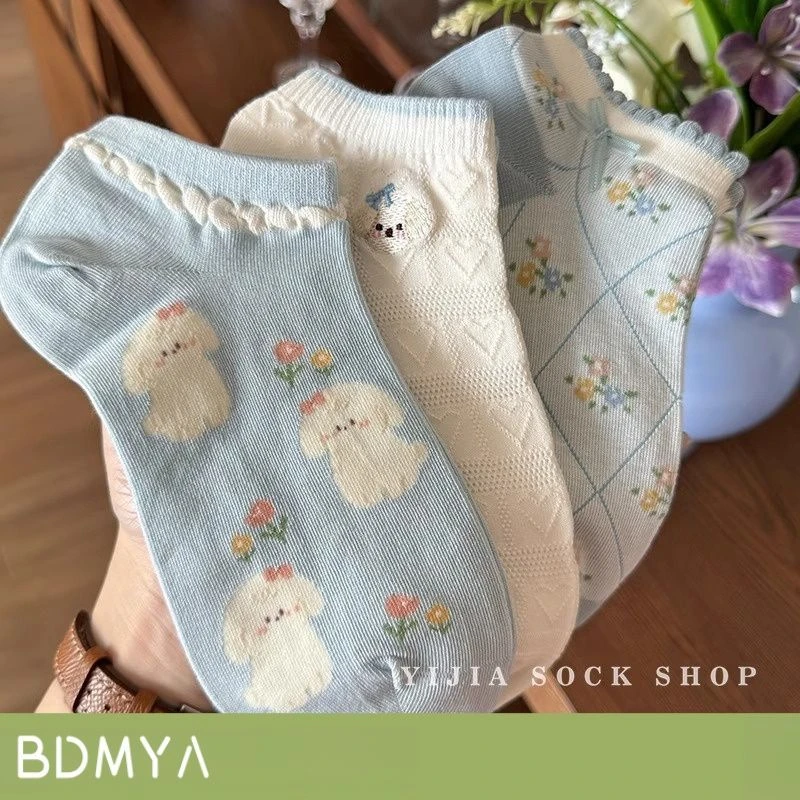 白色可爱小狗袜子女夏季薄竹纤维短袜低帮浅口花边日系蝴蝶结FF