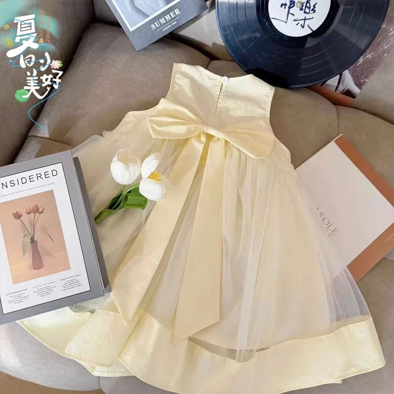 女童蝴蝶结连衣裙2025夏款甜美风背心公主纱裙无袖沙滩裙蓬蓬裙子