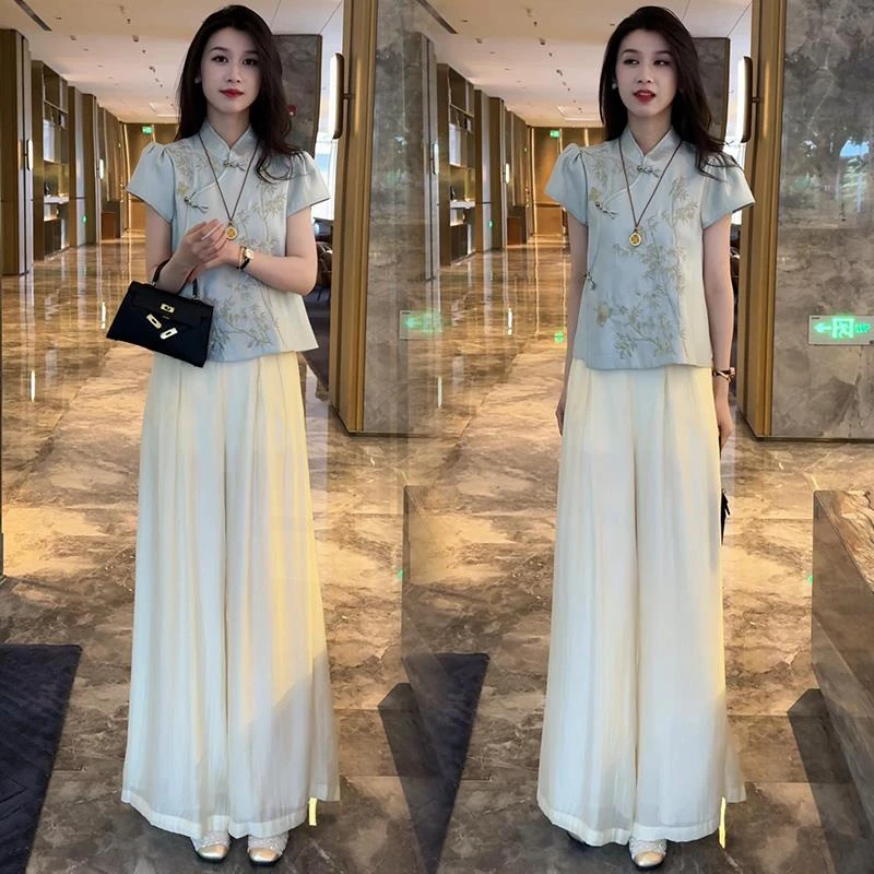 2025夏季新款女士新中式高级感气质立领盘扣上衣垂感阔腿裤两件套