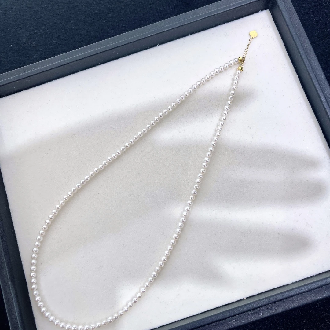 天然珍珠 淡水白珠满珠小珠项链 3-4MM 18K金 R344