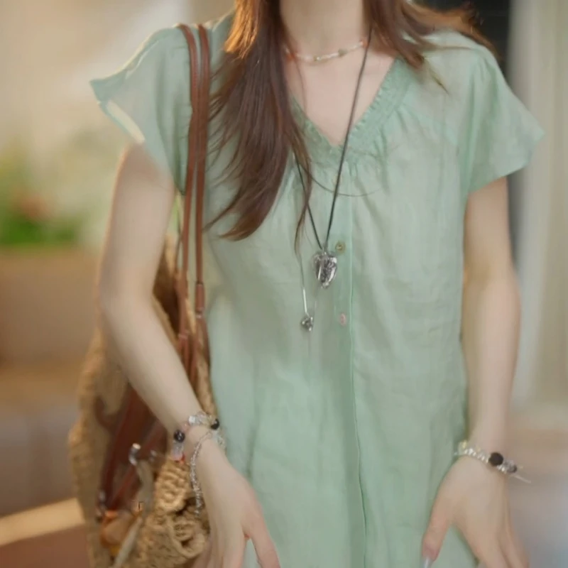 2025夏女新款法式褶皱彩扣上衣衬衫LK2503788