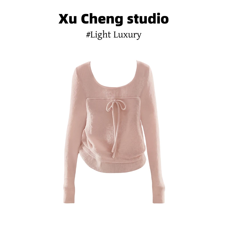 Xu Cheng法式甜美小个子设计感针织上衣女粉色蝴蝶结收腰内搭毛衣