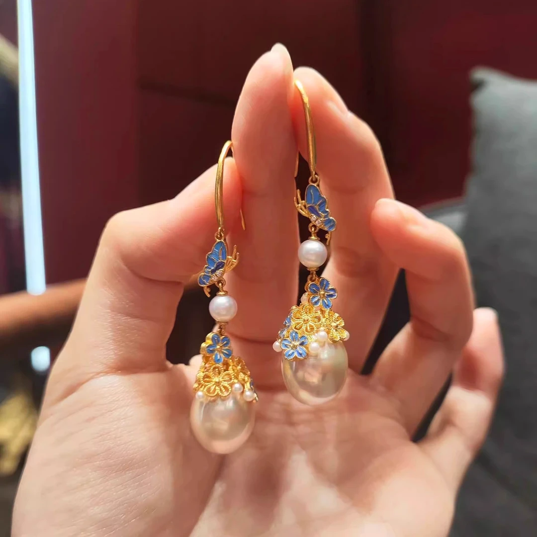 铜合金仿珍珠耳饰 耳环仿点翠蝴蝶花朵耳坠耳钉新款服配饰中式