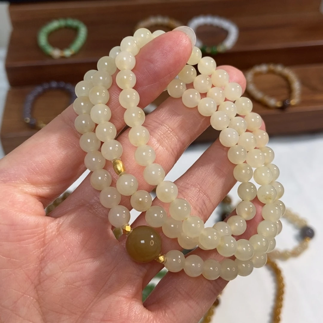 和田玉18K金镶嵌手链6mm糖白三圈精品