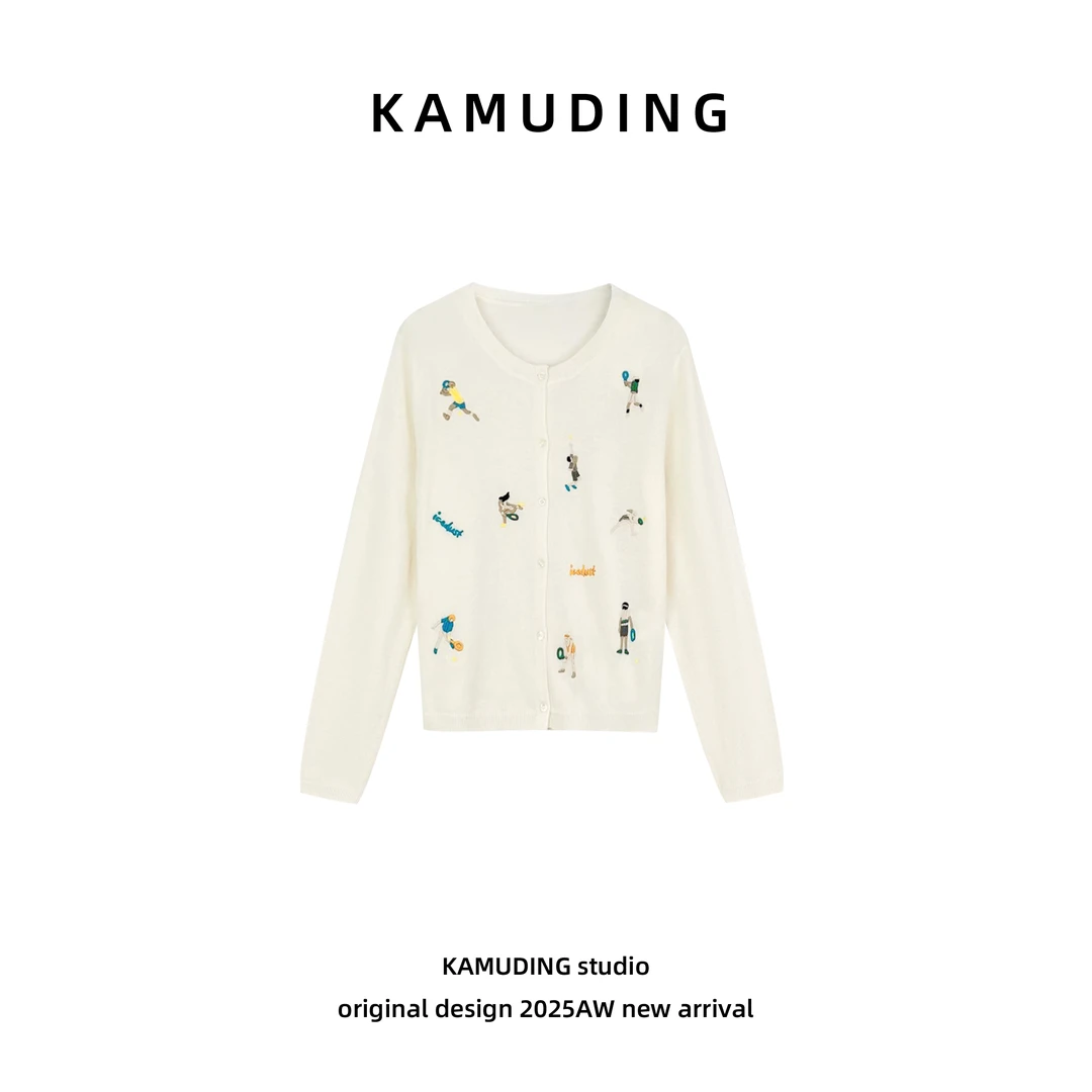 KAMUDING2025新款A30文艺范刺绣小人图案设计感百搭毛针织衫25231