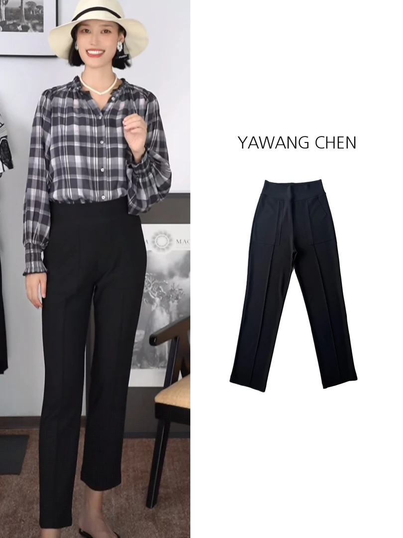 YAWANGCHEN25高腰直筒裤高弹力常规休闲裤黑色宽松简约通勤假日风