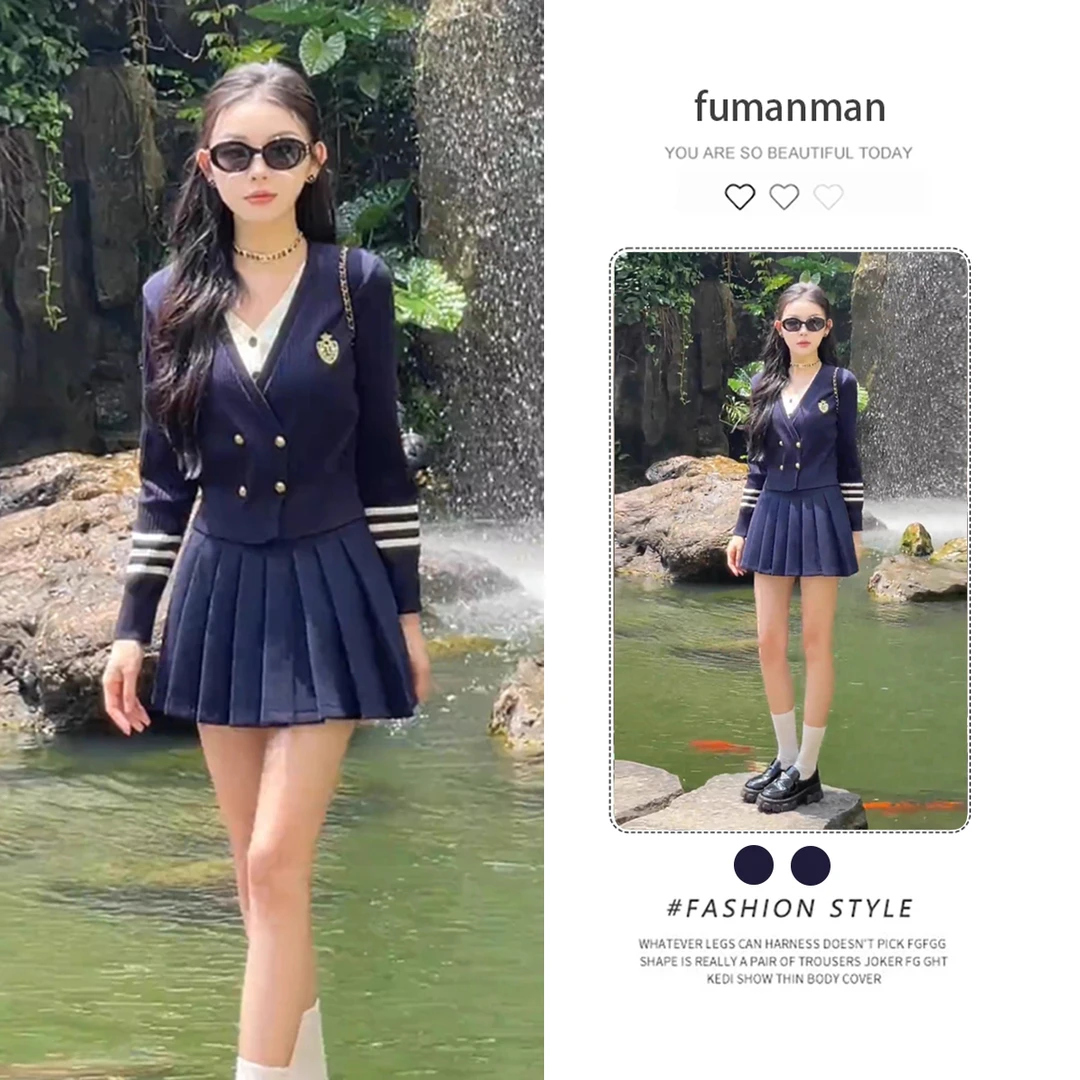 韩系减龄学院风假两件针织毛衣女秋新款设计感显瘦百褶短裙两件套