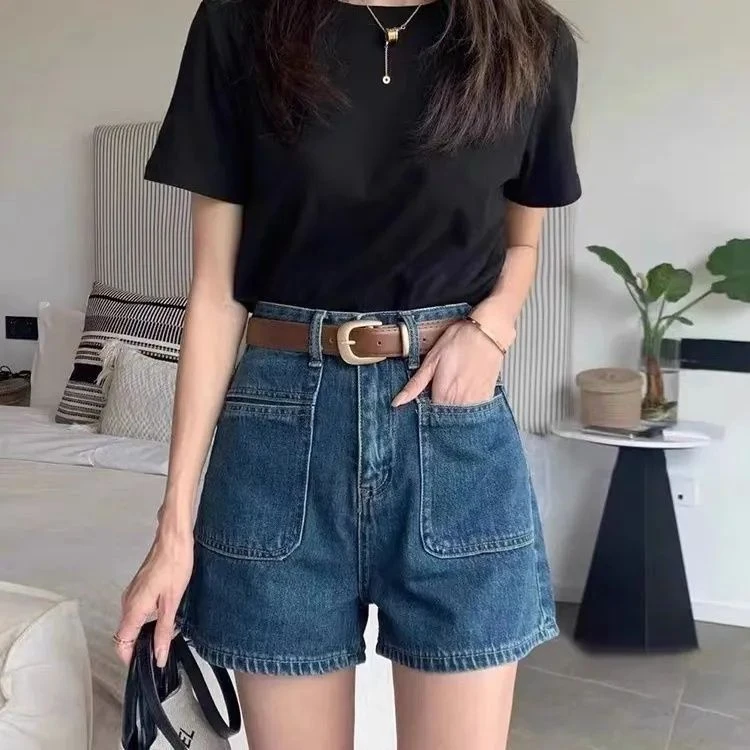 女装时尚热裤夏季高腰宽松双口袋A字阔腿百搭显瘦大码牛仔短裤女