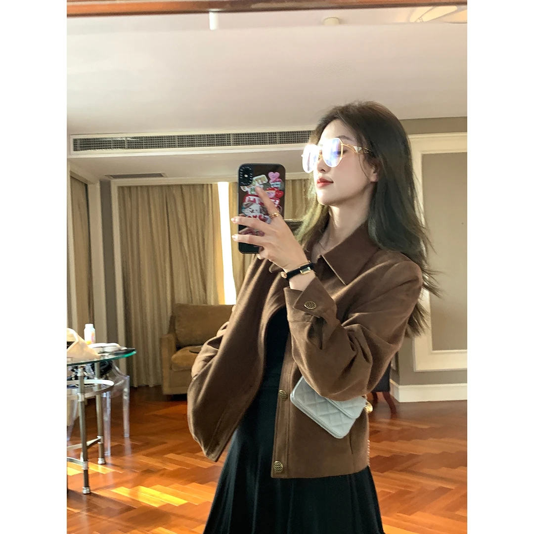 咖色麂皮外套女短款2025春秋韩系宽松休闲小个子复古机车夹克上衣