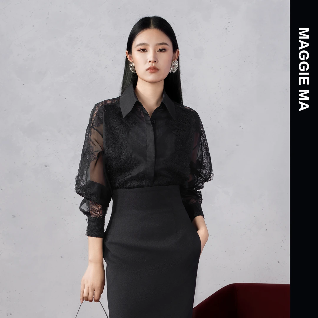 MAGGIE MA马婧设计师款黑色蕾丝轻盈飘逸透气舒适衬衫338S