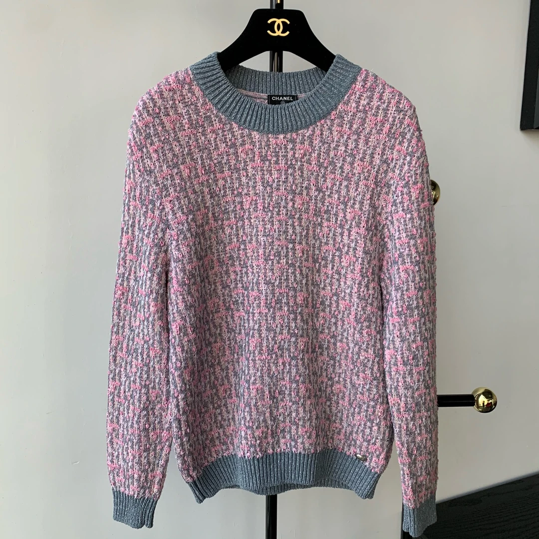 99新 Chanel/香奈儿 Chane 粉灰拼色彩编毛衣 36码