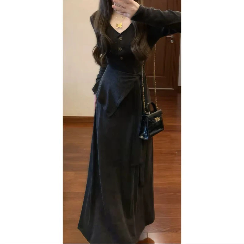秋冬女装连衣裙慵懒风长袖气质法式V领收腰显瘦纯欲长裙披肩套装