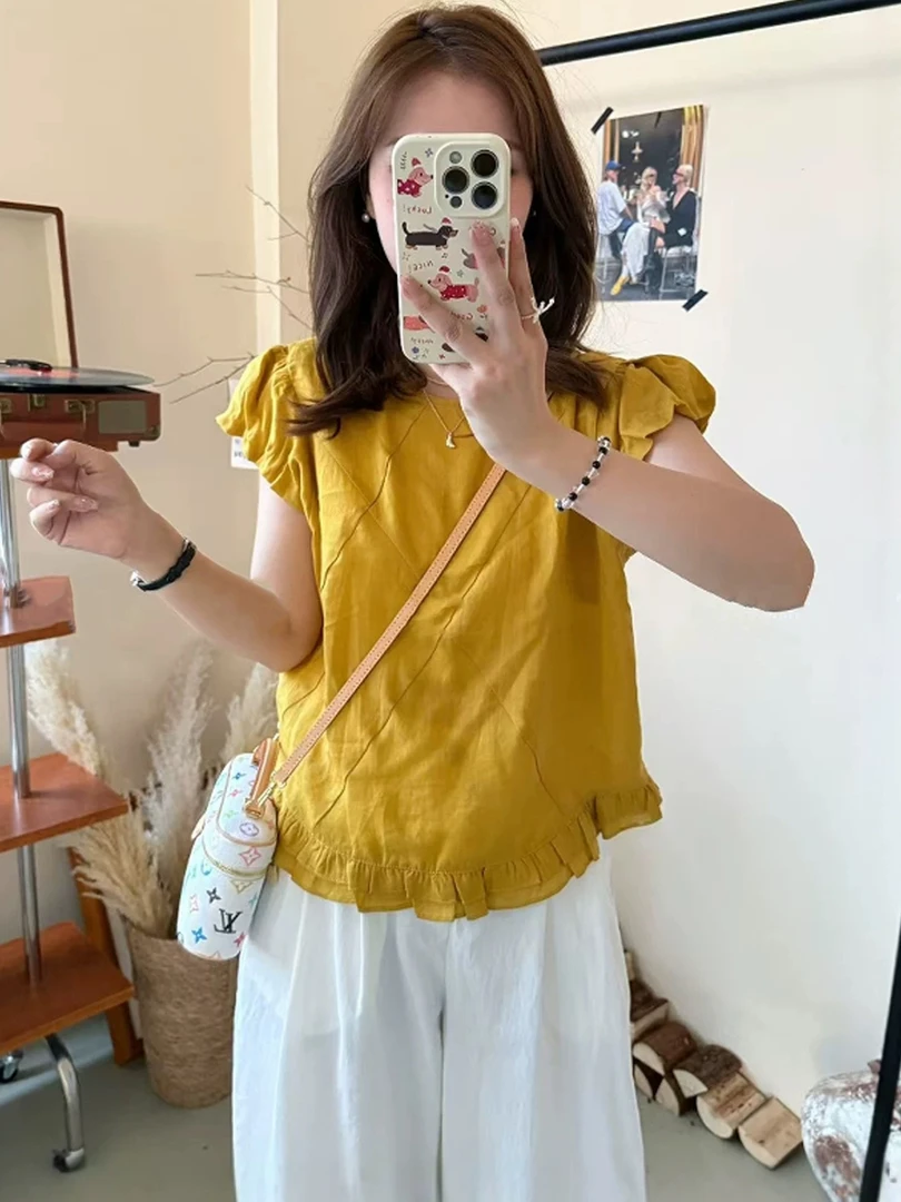 夏季新款韩系甜美飞飞袖圆领纯色减龄百搭显瘦衬衫女
