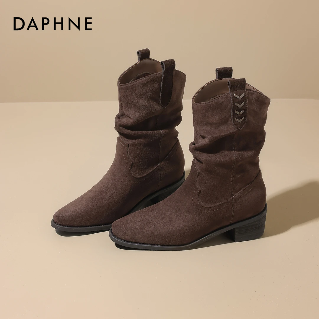 达芙妮新款复古西部牛仔靴女2025年秋季厚底粗跟堆堆靴尖头时装靴