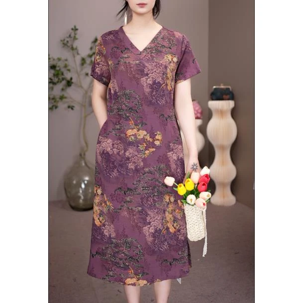 2053 【有口袋】V领直筒遮肚子连衣裙