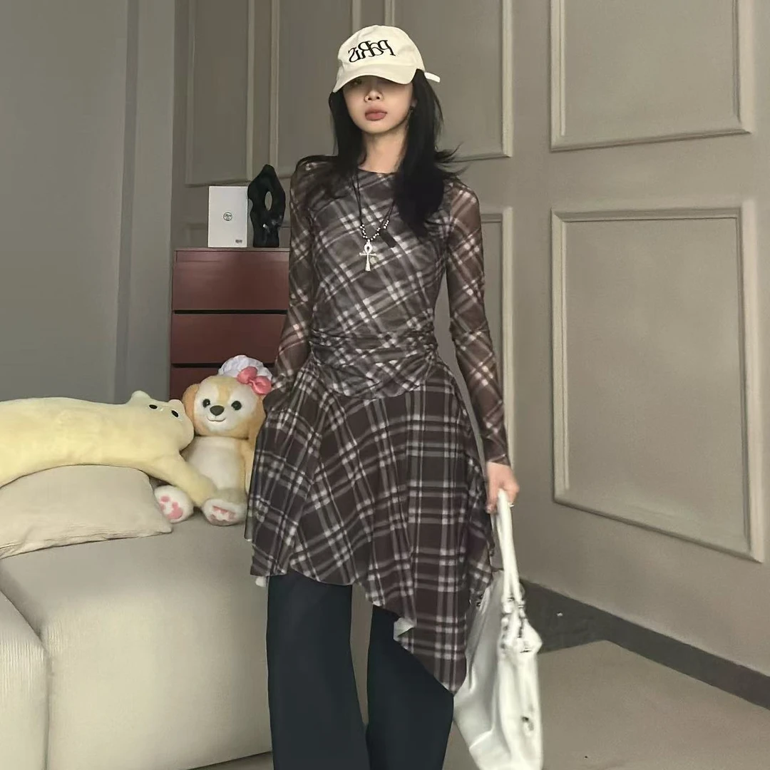 【青青】提拉米苏格子褶皱绢网气质长袖圆领裙子S25205无运补