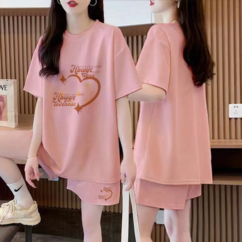 遮肚减龄大码气质洋气短袖短裤两件套女夏季新款宽松套装潮流