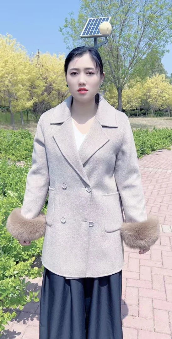 中长款西装领羊毛毛呢狐狸袖口外套女装气质女士时尚大衣