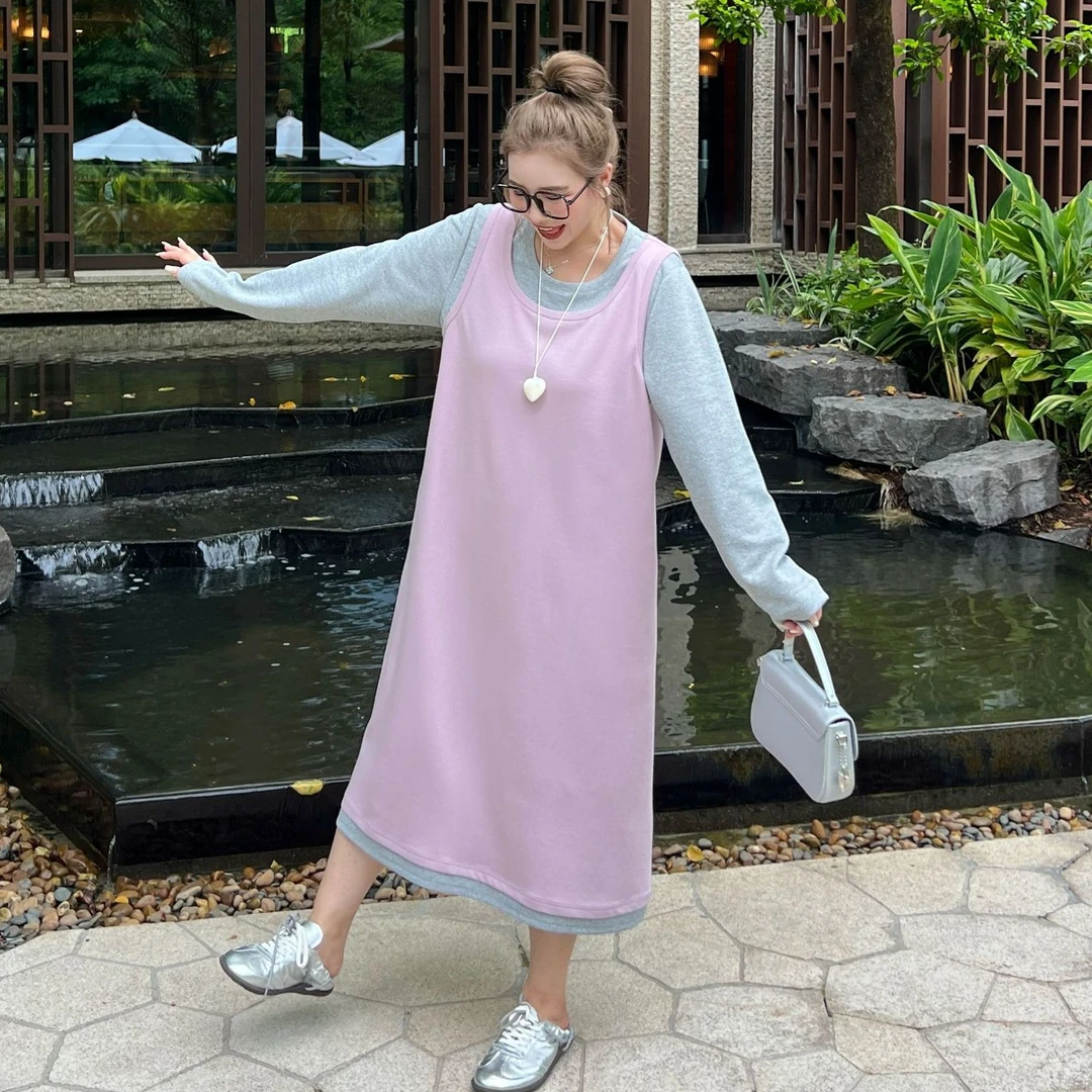 媛子大码假两件撞色连衣裙2025秋季新款宽松显瘦韩版高级感女装