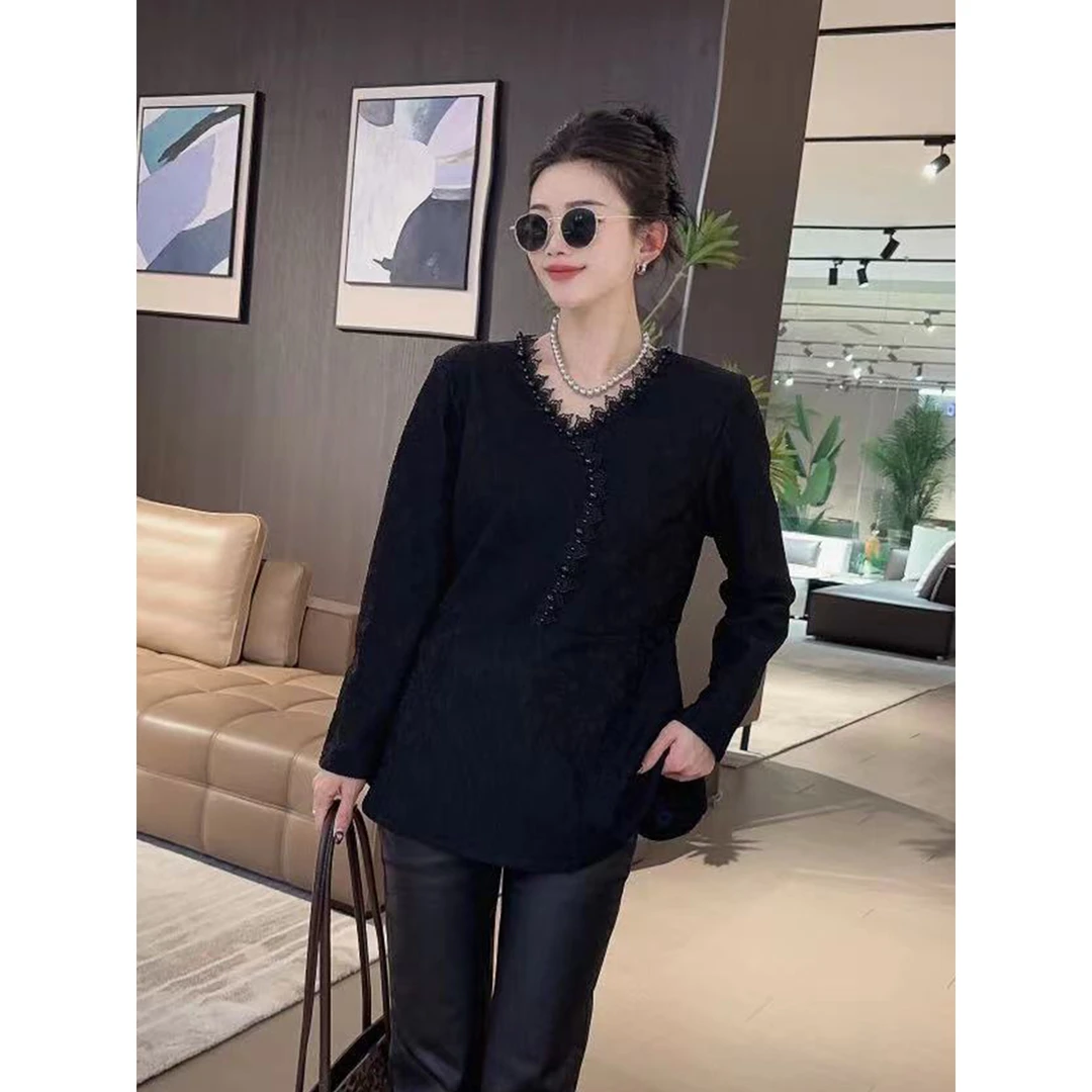 【胡小肥】03大码打底衫9174气质时尚显瘦蕾丝领百搭新款秋冬高级感