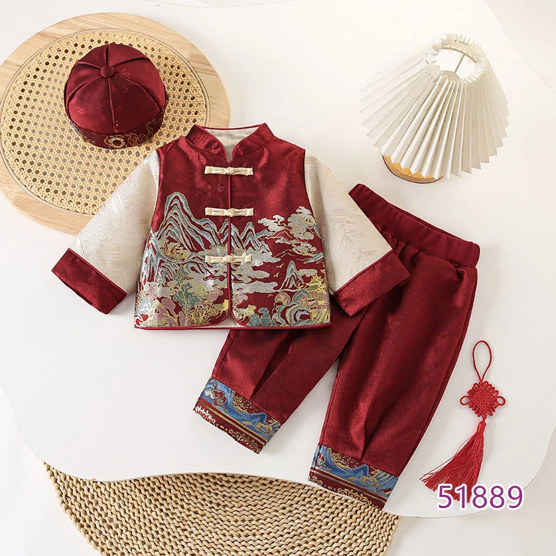 春秋新款男童汉服宝宝生日周岁礼服套装儿童中式唐装国风三件套