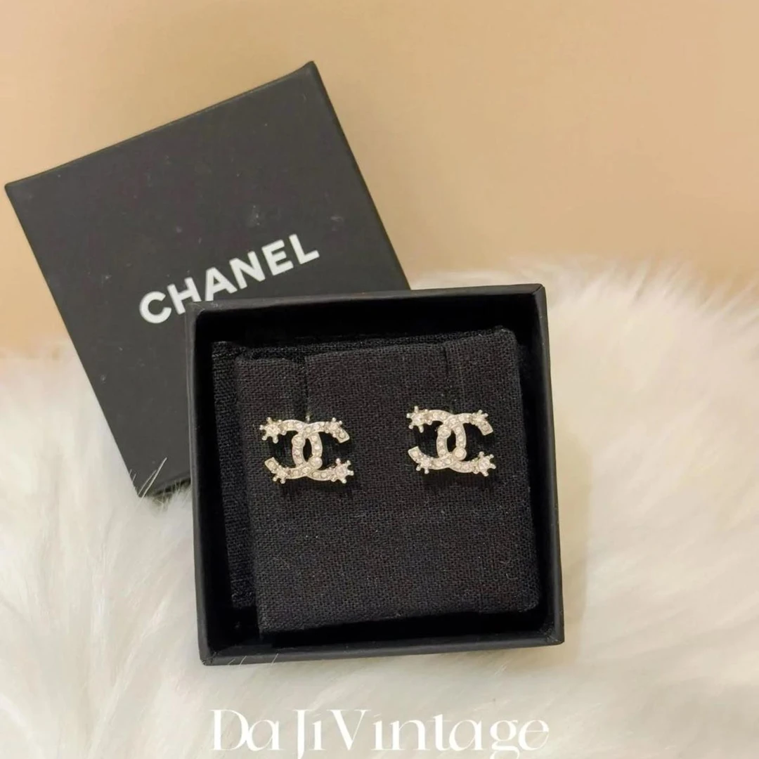 99新 Chanel/香奈儿 大吉中古/香奈儿银色双c雪花镶钻耳钉