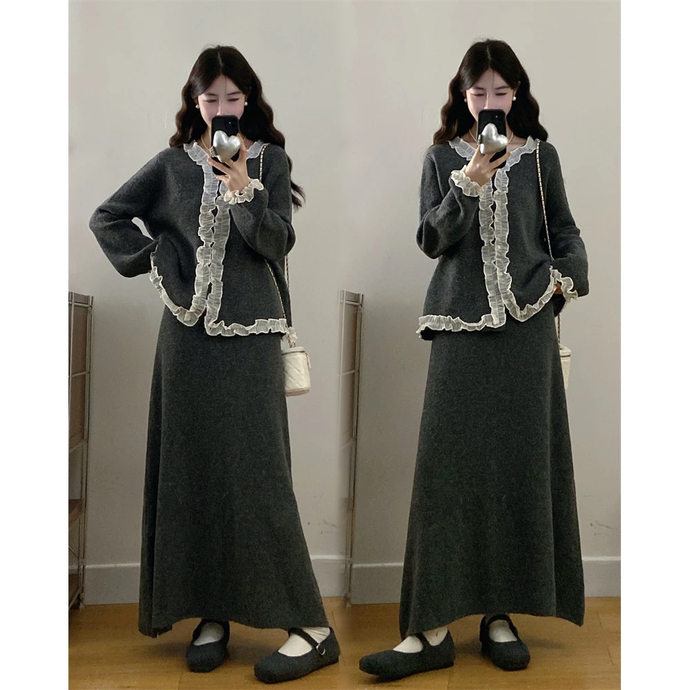 大码秋季新款设计感宽松拼接花边针织毛衣高腰半身裙两件套秋冬