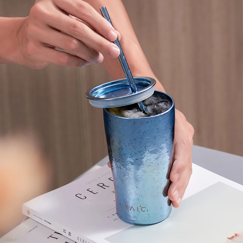 TAIC钛可纯钛水杯带盖带吸管敞口杯茶杯双层真空防烫隔热咖啡杯