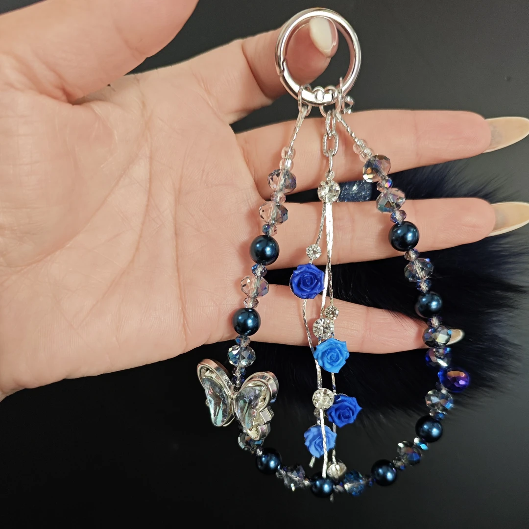 轻奢紫色蝴蝶串珠手机链重工高端小众挂绳挂件女款网红创意个性