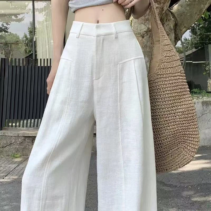 .现发➕运费险）亚麻阔腿裤女夏季薄款高腰垂感老钱风西装直筒长裤