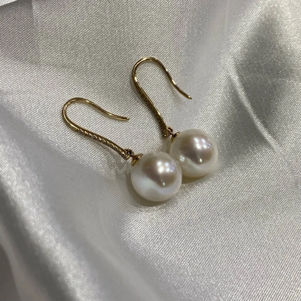 【塔尖品质】18k金11-12mm正圆欧若拉极光品质珍珠耳坠丝绸缎面光泽