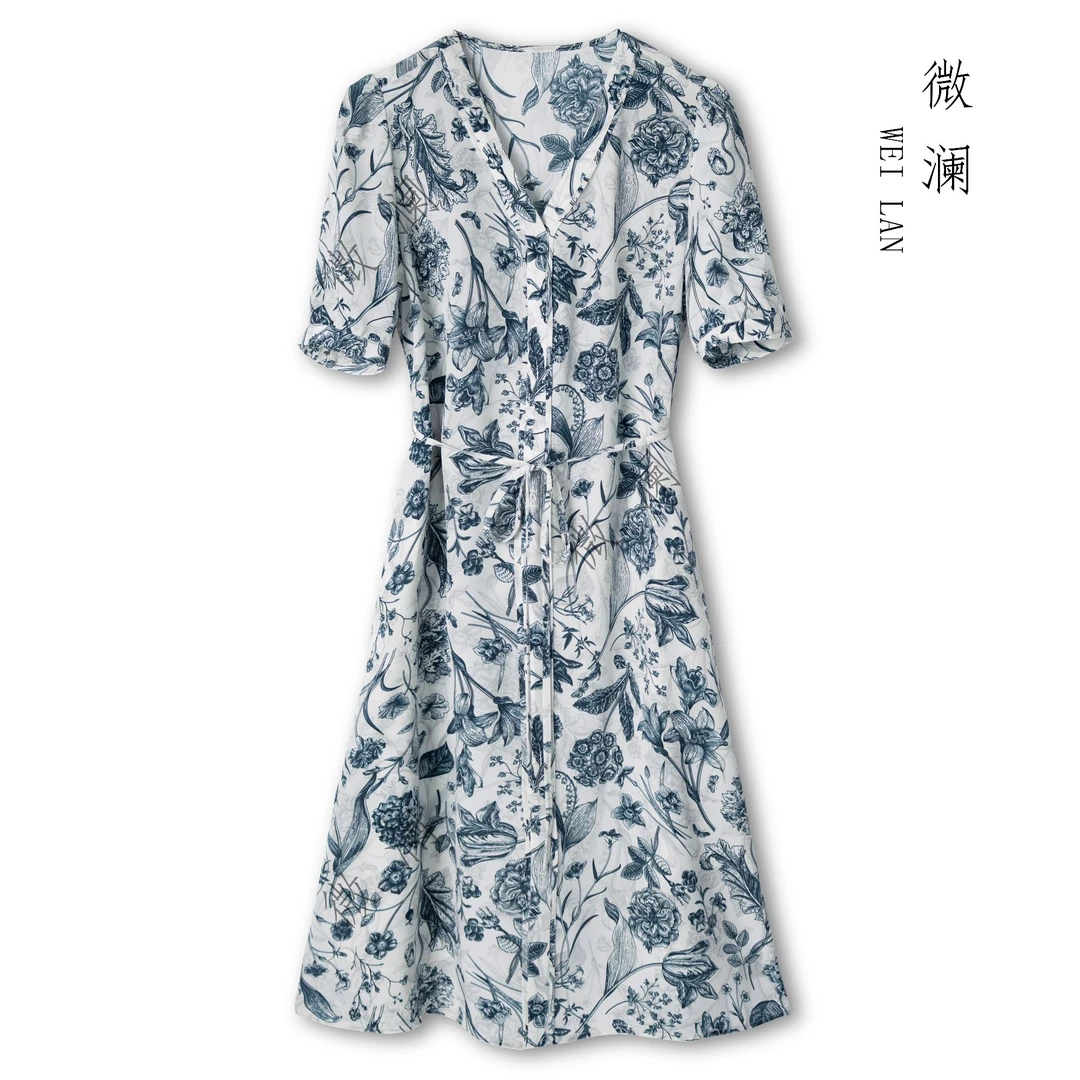 微澜【浮云青溪】100%桑蚕丝碎花显瘦气质轻奢时尚连衣裙DL5380