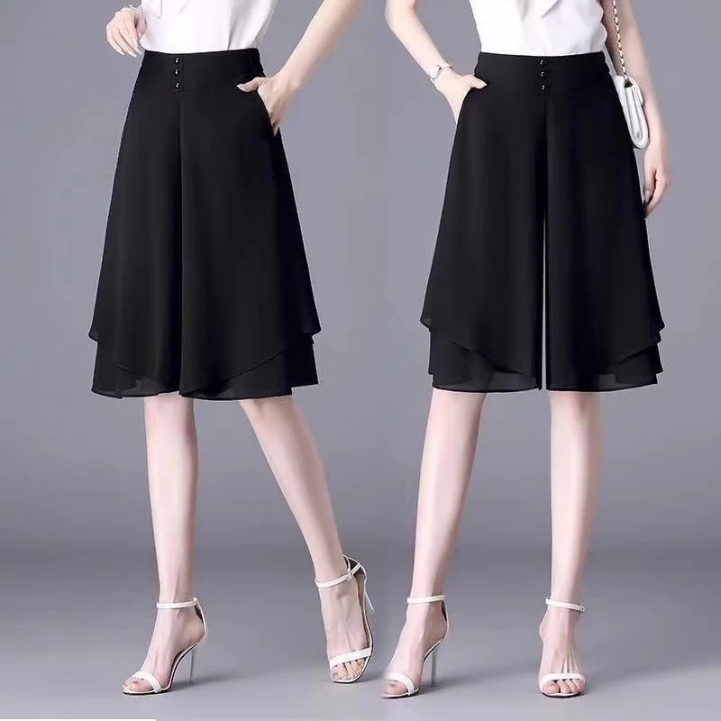 五分裤女夏季薄款小个子中老年妈妈裤子高腰裙裤冰丝雪纺阔腿裤裙