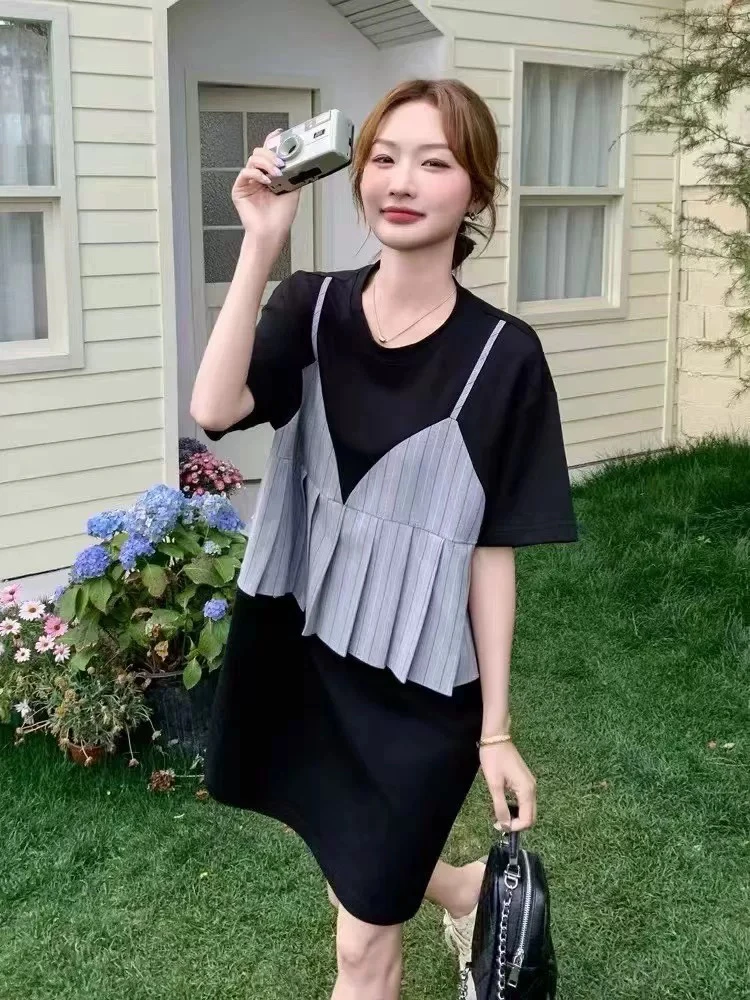妮妮家8356夏季新款设计感假两件吊带拼接t恤连衣裙