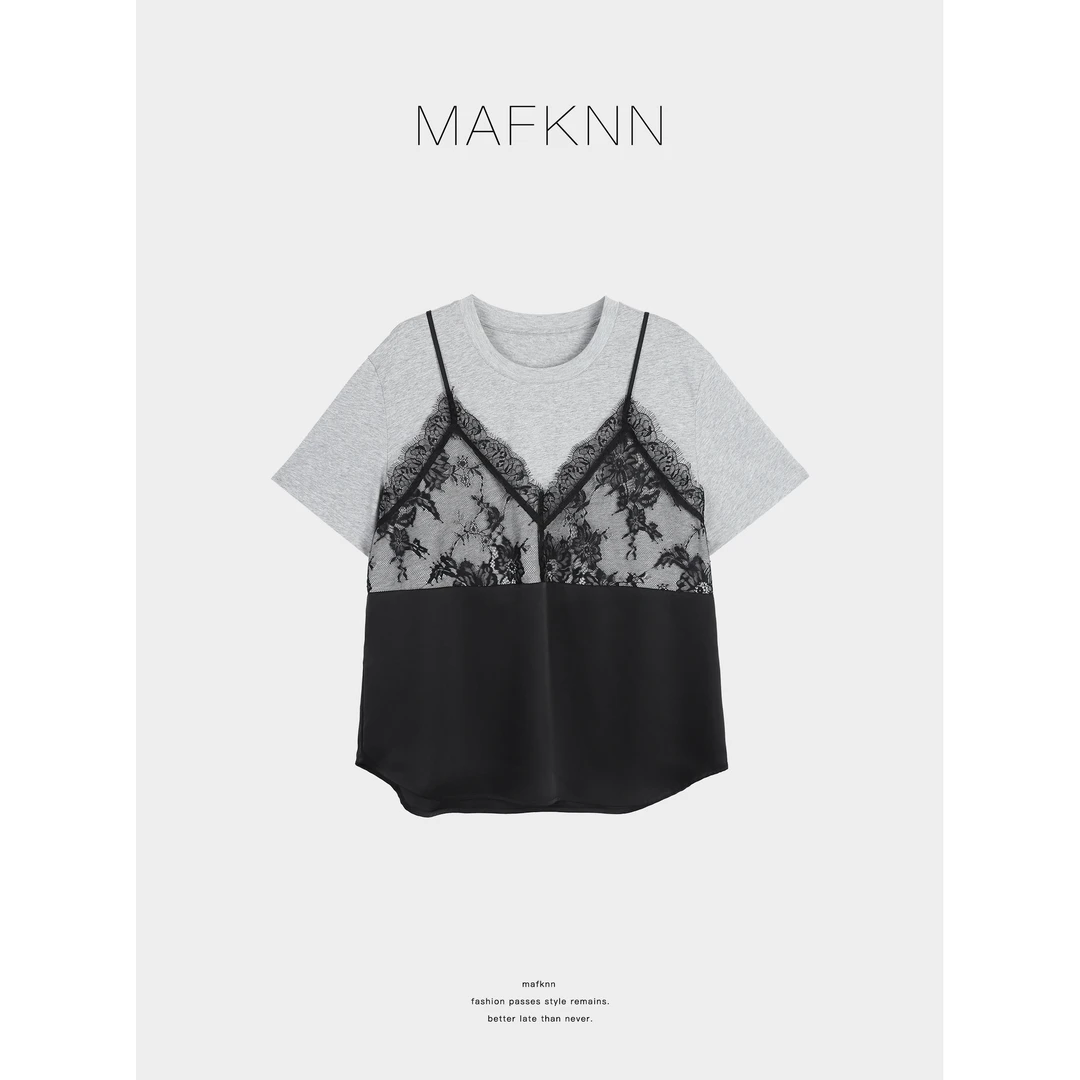 MAFKNN/玛肯时尚休闲简约纯色百搭夏季圆领假两件T恤MK12777