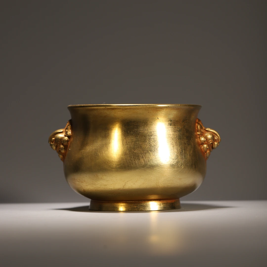 HY07 清代 铜鎏金兽耳炉