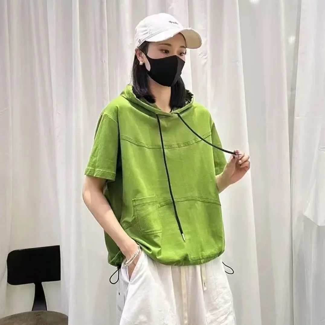 511欧货宽松大码连帽短袖T恤女2025夏新款时尚休闲百搭半袖上衣