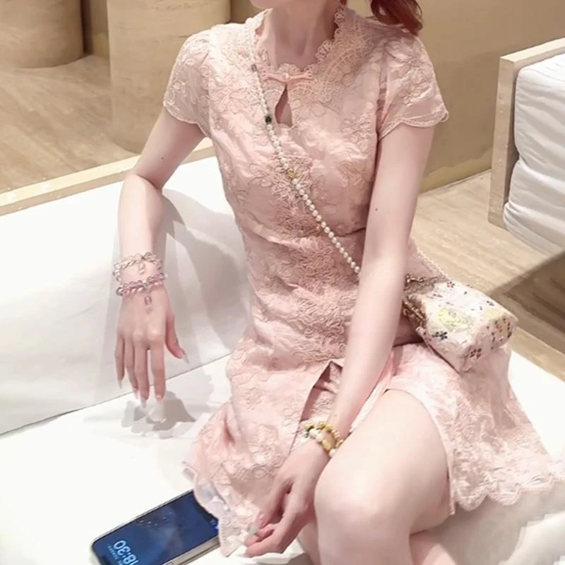 【瑶芳夏梦】新中式气质优雅镂空刺绣旗袍连衣裙短裤女夏季国风套装