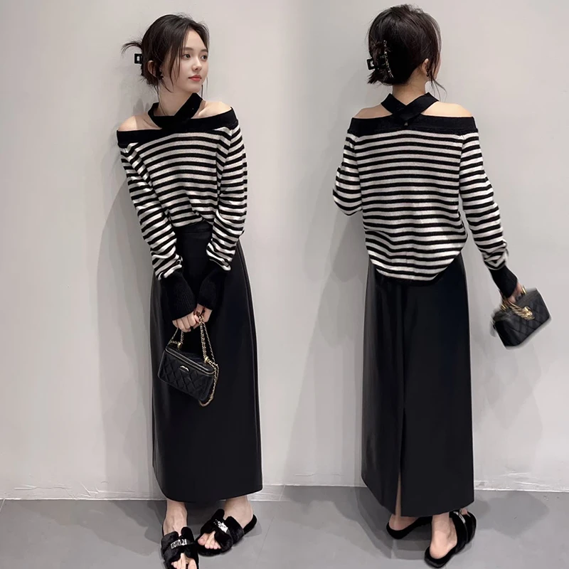 2025秋冬新款时尚挂脖黑白条纹针织衫交叉上衣皮裙套装裙子两件套