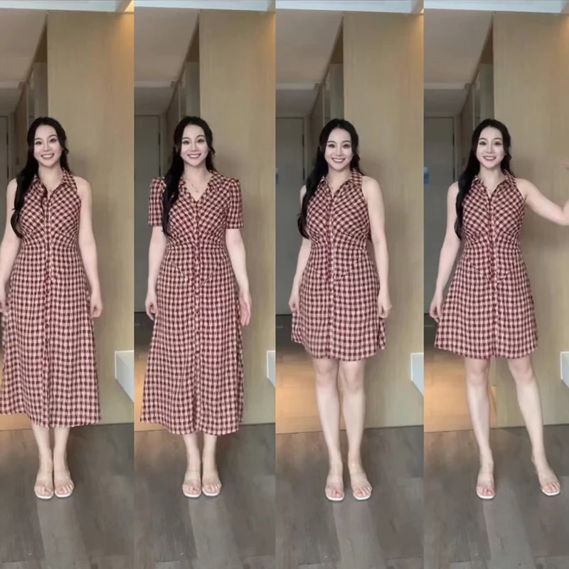 XINYI【曼谷日记】夏季格纹连衣裙设计感收腰显瘦裙子XA351226