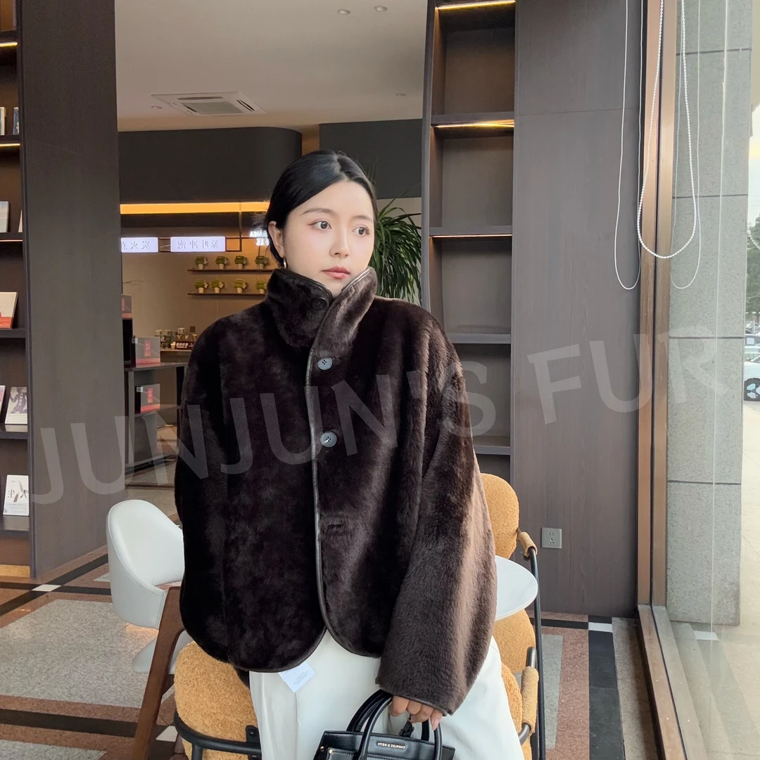 【慵懒张力】西班牙进口“星曼”羔羊时尚女皮毛一体宽松显瘦皮草外套