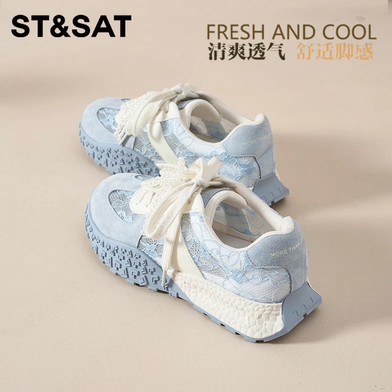 星期六女鞋蕾丝德训鞋女2205新款爆款秋季透气阿甘鞋珍珠系带单鞋