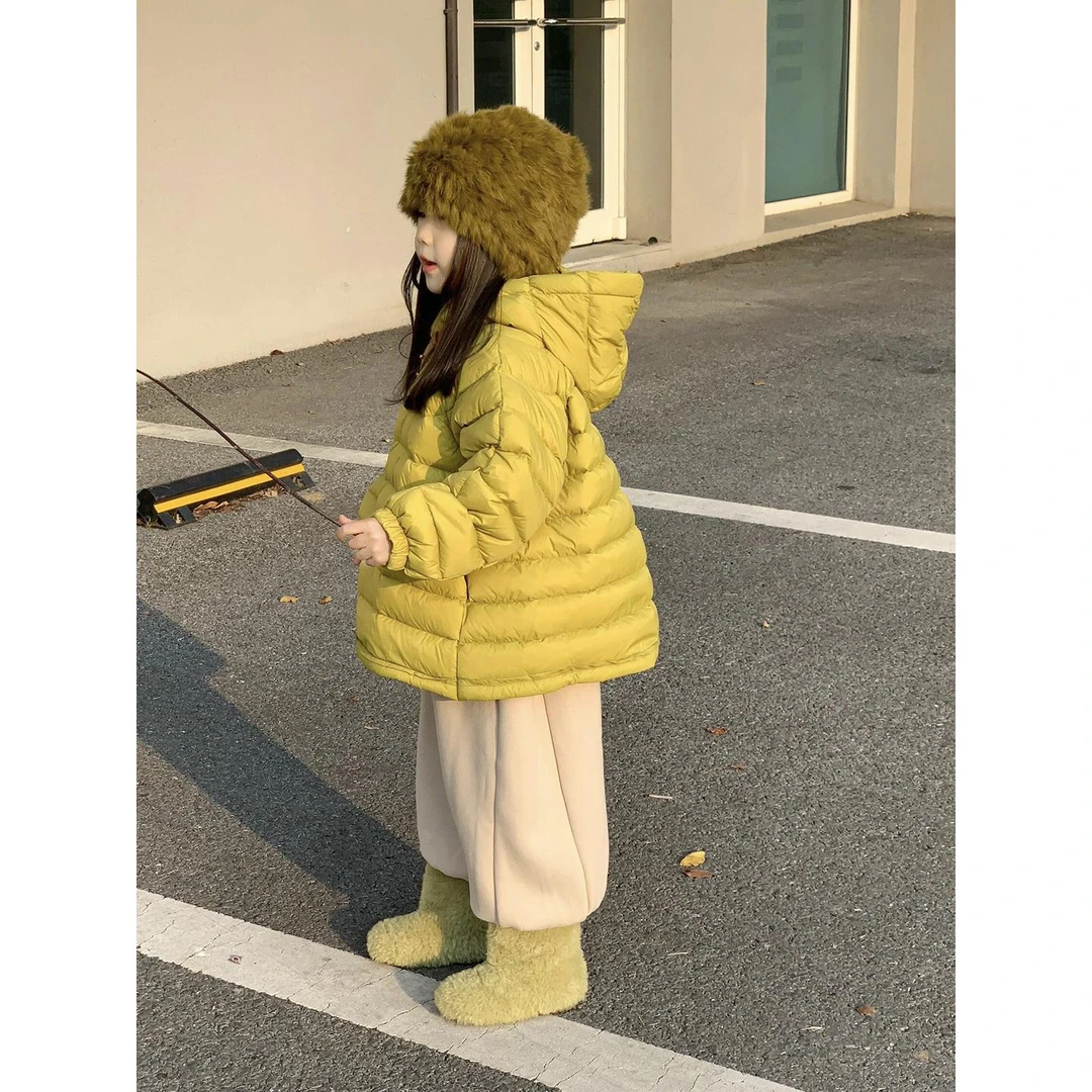 女童服外套2025秋冬装新款洋气百搭儿童加厚黄色连帽面包服上衣